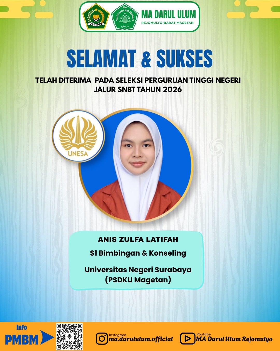 Prestasi Santri SNBT UNESA 2026 - Anis Zulfa Latifah